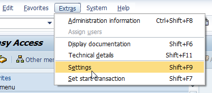 SAP Extras Settings menu